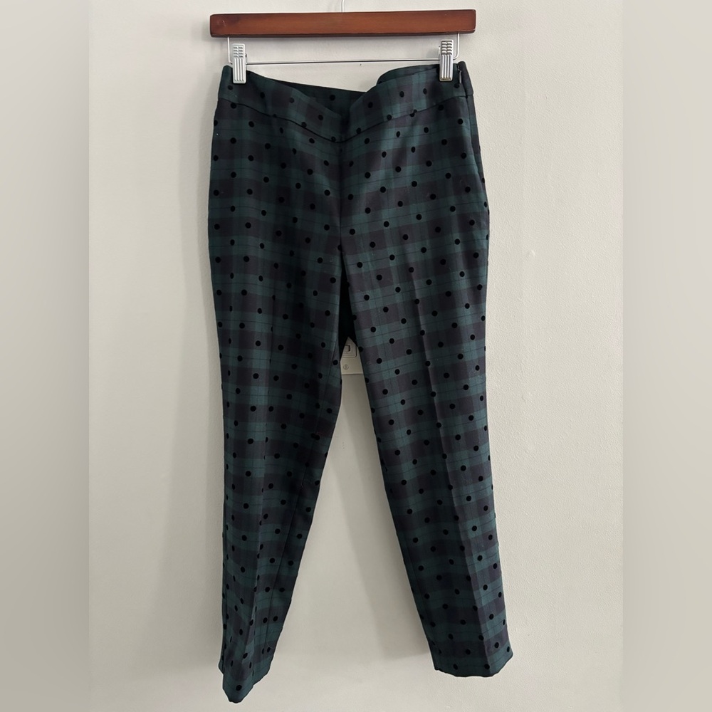 Talbots Petites Green Black Plaid Pants Velvet Dots Trousers Size 14 Wool Blend